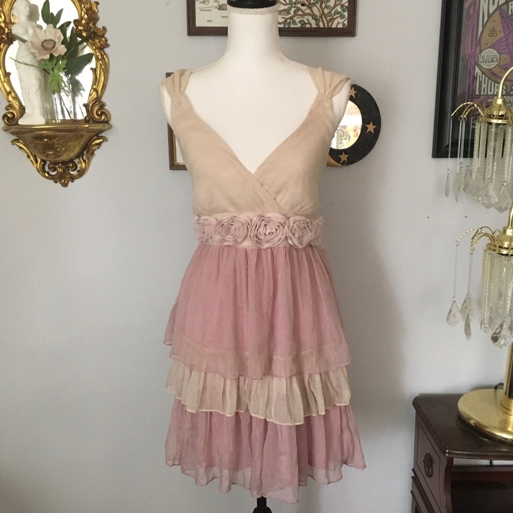 00s Vintage Wet Seal Pink Beige Rosette Tiered Mini Dress L Fairy Coquette